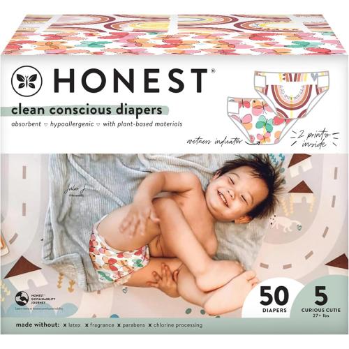 The Honest Company Clean Conscious Diapers | Plant-Based, Sustainable | Wingin' It   Catching Rainbows | Club Box, Size 5 (27  lbs), 50 Count