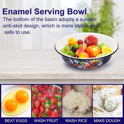 Lawei Set of 2 Enamel Bowl, 4 Quart Large Enamel Salad Serving Mixing Bowl with Black Rim, Vintage Enamelware Plate Dish for Fruit Salad Pasta Soup Dinner, Round Dough Making Bowl Washing Basin, 12in