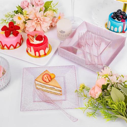 200 Pcs Pink Dessert Plates Including 100Pcs Appetizer plates 6'',100Pcs Plastic Forks 5.7'',Rose Glitter Plastic Square Plate for Wedding,Pink Salad plates and Cake forks for Birthday Party
