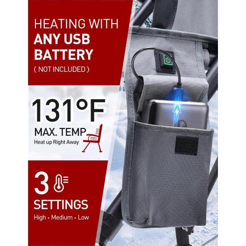 Docusvect Heated Camping Chair for Adults, Heats Back and Seat, 3 Heat Levels, Fully Padded Heated Folding Chair for Outdoor Sports with Cup Holder, Rich Pockets, Battery NOT Included
