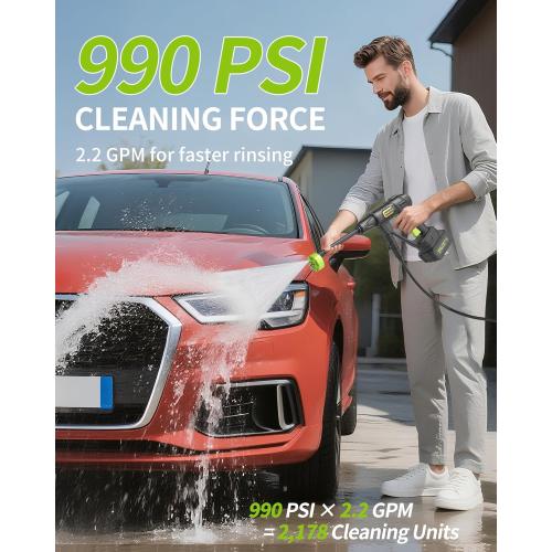 Cordless Pressure Washer Battery Powered; 990PSI Cordless Power Washer with 6-in-1 Nozzle, 23FT High-Elastic Hose, 21V Battery&Charger; Portable Handheld Pressure Washer Cleaner for Home, Car, Garden