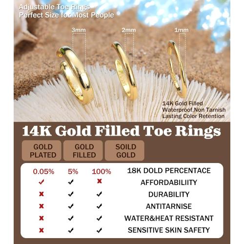 ADRAMATA Toe Rings for Women Gold Trendy 14K Gold Filled Toe Rings Set Thin Band Beach Foot Jewelry for Summer Open Adjustable Toe Rings