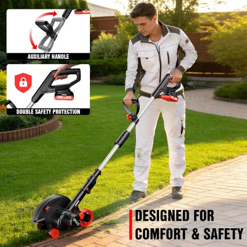 EWORK 20V Cordless Lawn Edger with 2 Batteries & Charger, Battery Powered Edger Lawn with 9 Metal Blade, 4 Adjustable Depth, Adjustable Handle, Dual Wheels, for Lawns, Driveways, Sidewalk Edges Red