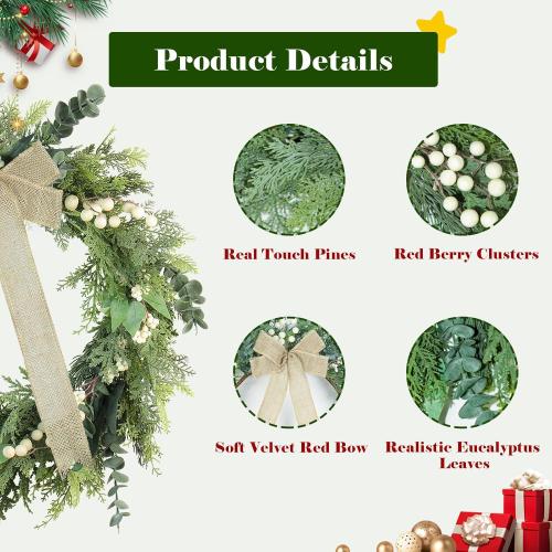 24-Inch Spring Greenery Wreath – Faux Pine & Eucalyptus Mixed Botanical Wreath with White Meadow Berries & Natural Burlap Bow – Modern Farmhouse Front Door Decor for Year-Round Use