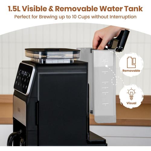 Gevi 10 Cup Drip Coffee Maker with Built-in Grinder, Grind ＆ Brew Burr Combo Coffee Machine with Touch Screen, Programmable, 4-Hour Warm Plate, Permanent Filter, Coffee Carafe