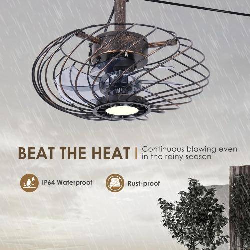 Black Gold 15 Outdoor Ceiling Fan with Light, Waterproof Gazebo Fan Remote Control, Dimmable LED Light, Hanging Black Caged Ceiling Fixtures with Plug in Cord for Patios Pergola, Black Gold