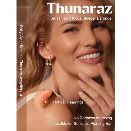 THUNARAZ 10Pairs Hypoallergenic Flat Back Earrings for Women, 14K Gold Plated Hoop Stud Earrings Set for Sensitive Ears Helix Tragus Cartilage Conch Earring for Multiple Piercings with Pendant