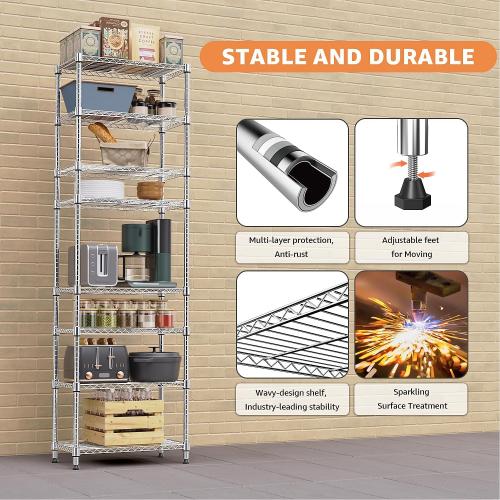 M MZG 8 Tier 2000 lbs Storage Rack Metal Wire Shelving Unit, Storage Standing Shelf Organizer for Laundry Bathroom Kitchen Pantry Closet Garage Utility Room, Chrome 13.8 D x 23.6 W x 79.5 H