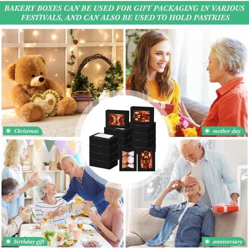 TaoBary 100 Pcs 8 Inch Bakery Boxes 8 x 6 x 2.5 Inch Cookie Pastry Boxes with 2 Style Window for Cookie Treat Chocolate Strawberries Cupcakes Candy Muffins(Black)