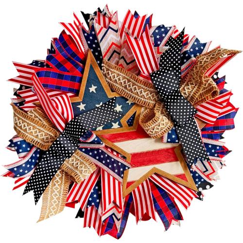 4th of July Wreath for Front Door, 18 in Patriotic Door Wreath Red White and Blue Wreath for 4th of July, Independence Day, American Flag Themed Front Door Decor, Star Floral Pride Wreath (A)