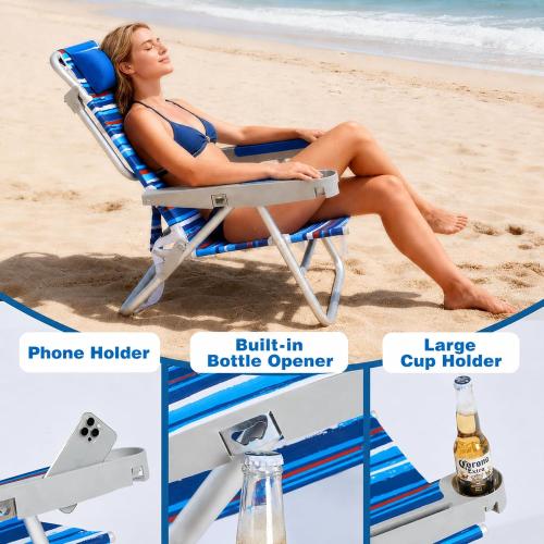 SUNNYFEEL XL 28 Extra Wide Beach Chair for Adults,Low Backpack Beach Chair | 5-Position Lay Flat Reclining, 500 lb Heavy Duty Folding Chair with Pillow & Cup Holder, Darkblue Stripe