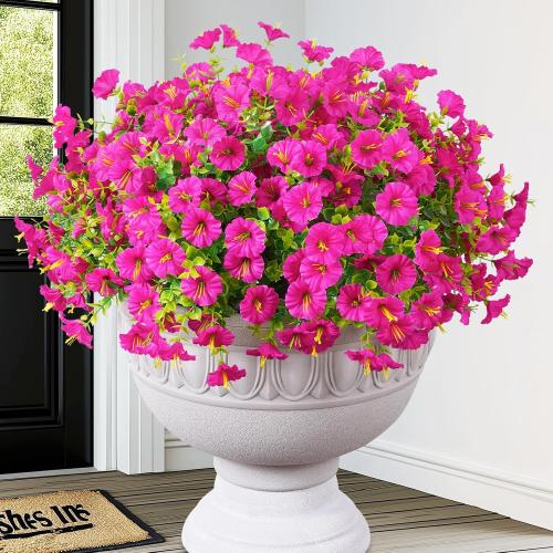 MARTINE MALL 12 Bundles Look Real Artificial Flowers for Outdoors, Realistic Fake Outdoor Flowers, UV Resistant Silk Petunia Flowers for Outside Faux Flowers Plants for Outdoor Porch, Fuchsia