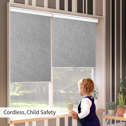 GENIMO 100% Blackout Roller Window Shades, Window Blinds Cordless with Thermal Insulated, UV Protection Fabric, Mini French Door Blinds for Home, Office, Bedroom, Easy to Install, Grey, 48 W X 75 H