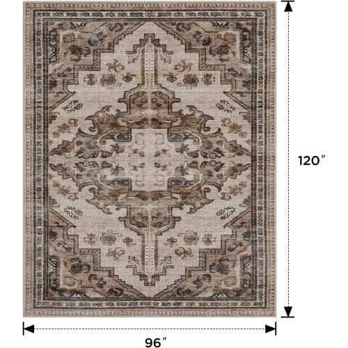 Joydeco 8x10 Area Rugs for Living Room, Non Slip Machine Washable Vintage Rug, Low Pile Chenille Print Rugs for Bedroom, Dining Room, Home Office, Pet & Child Friendly, Light Coffee