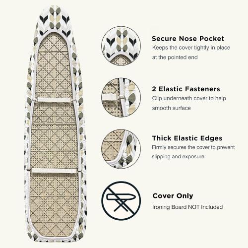UniSimp Ironing Board Cover and Pad 12.5x30 Extra Thick Natural Cotton, Scorch and Stain Resistant Padding, Standard Size Iron Board Cover with Fasteners Heavy Duty Elastic Edge, Heatproof Foliage