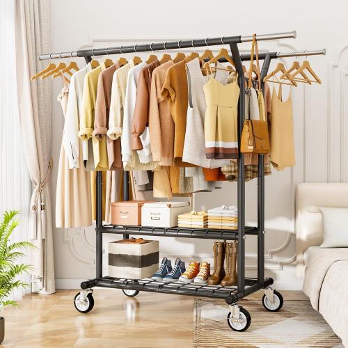 Heavy Duty Clothes Rack, Rolling Clothing Rack With Shelves Load 620 LBS, Double Rod Clothing Racks for Hanging Clothes, Portable& Adjustable Clothes Rack with Wheels,Black