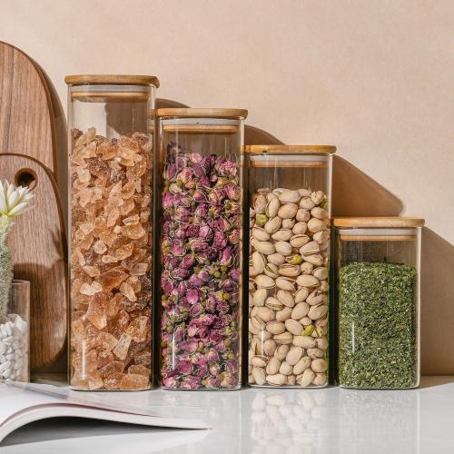 64oz Rectangle Airtight Glass Storage Containers with Bamboo Lids (Set of 4), Square Food Storage Jar, Pantry Organizers for Cereal, Flour, Pasta and Coffee beans (with Black Lable)