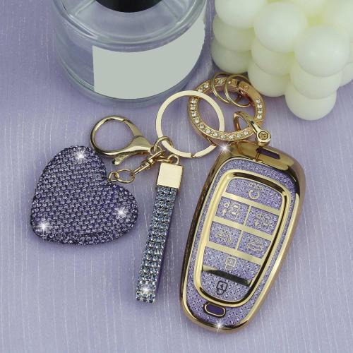 Key Fob Cover with Diamond Keychain Fit for Hyundai Car Key Holder Case Compatible with Hyundai 2024 2023 2022 Sonata Santa Fe Nexo Tucson Palisade Key Protector, 7 Buttons (Purple-Heart)