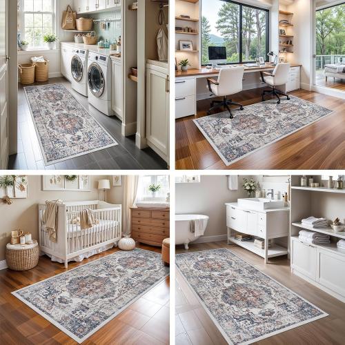 Hallway Washable Runner Rug - 3x6 Kitchen Rugs Entryway Rug Runner Vintage Soft Floor Mat Non Slip Indoor Farmhouse Carpet for Bathroom Living Room Bedroom (3 X 6, Brick)