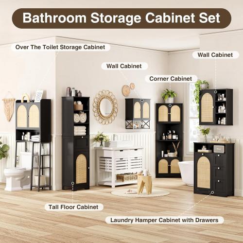 Size 67H Color Black Bathroom Storage Cabinet with Rattan Doors and Slide Storage, Tall Narrow Standing Tower Cabinet with Adjustable Shelves, Small Bathroom Floor Organizer for Entryway, Kitchen, Black