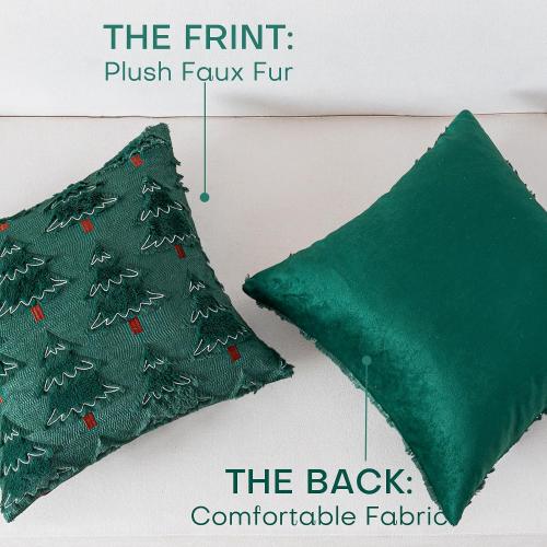 Christmas Throw Pillow Covers 18x18 Set of 2, Christmas Tree Decoration Cushion CoversCushion Covers Soft Faux Fur Pillow Cases for Sofa Couch Bed Winter Holiday Festivals Home Decor, Green