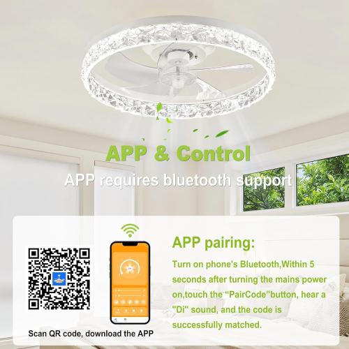 DAMINY 20inch White Ceiling Fans with Lights and Remote, 6CCT, Dimmable Smart Low Profile Ceiling Fan with Light, 6 Speeds Flush Mount Modern Bladeless Ceiling Fan for Bedroom