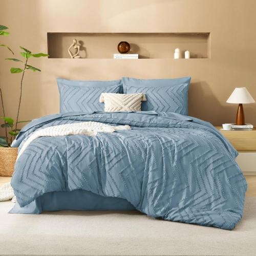 Litanika Grayish Blue King Size Comforter Set with Sheets - 7 Pieces Bed in a Bag King Chevron Tufted Complete Bedding Sets with Comforter, Sheets, Pillowcases & Shams