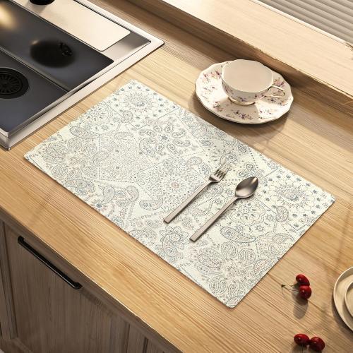 Dish Drying Mat Paisley Absorbent Coffee Mat Rubber Backed Bohemian Soft Silicone Kitchen Dish Draining Mat for Kitchen Bathroom Coffee Bar (Paisley White, 16 x 24 Inches)