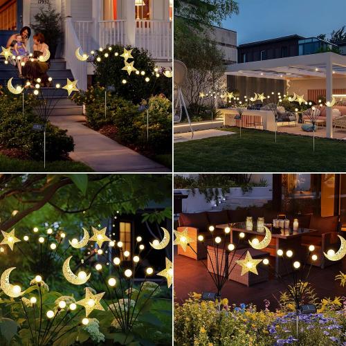 Solar Firefly Lights Outdoor Moon Star Sun Projection Stake Lights - Waterproof Solar Powered Garden Lights for Pathway, Yard, Patio Decor Warm White