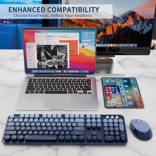 Nowlike Wireless Keyboard and Mouse Combo, Retro Typewriter Keyboard with Round Keycaps, Full-Size Ergonomic, Blue, Ideal for Windows PC, Home, Office, and College, Wireless Keyboard Mouse Combo