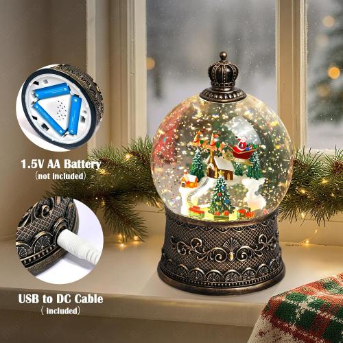 Snow Globe Christmas Decorations for Home Auto Snowfall Glitter Music Collection Santa Reindeer Train Snowy Village Scene with 6H Timer USB/Battery Powered 105mm Globe