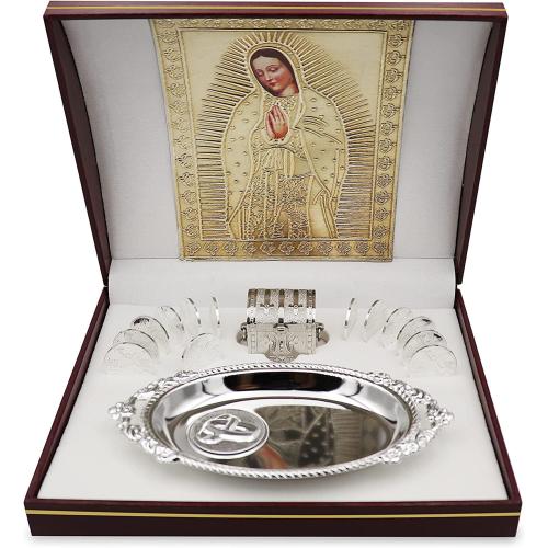 EHV Silver Plated Wedding Unity Coins with Decorative Display Case, Treasure Box, and Silver Platter, Classic Arras Ceremony Souvenirs, Beautiful Confirmation Gift Set (Virgen Busto)