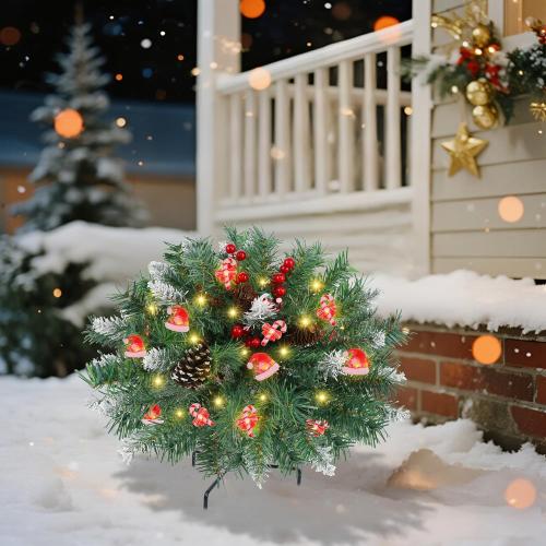 DR.DUDU 15 Inch Outdoor Christmas Decorations Urn Filler for Front Porch- Lighted Christmas Pot Fillers with Stake, Xmas Pine Trees with Timer for Outside Home Décor