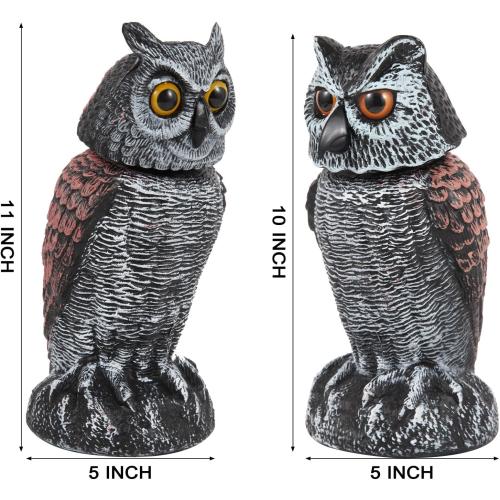 Hedoc 2 Pack Fake Owl Decoys to Scare Birds Away, Rotating Head Bird Deterrents, Nature Enemy Scarecrow Plastic Statues, Pest Repellent for Gardens and Patios