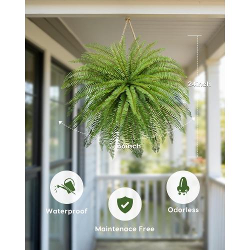 Velener 36 Inch Artificial Boston Fern Large Hanging Plant, Fake Fern Plants Bush Indoor for Home Decor, Faux Plants Outdoor, Garden, Office, Garden Decoration(Green)