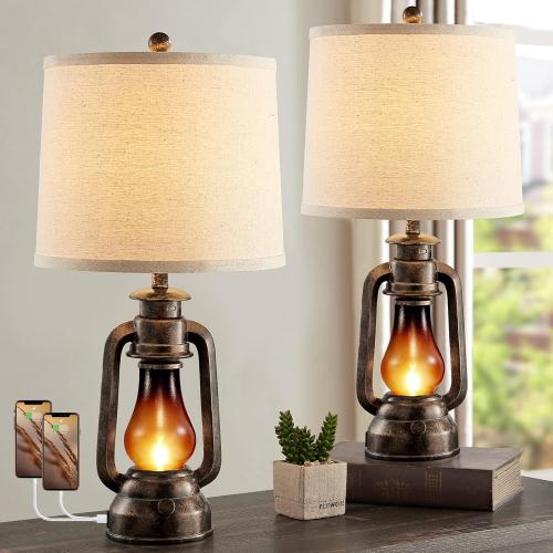 Farmhouse Rustic Table Lamps for Bedroom Set of 2, Vintage Lantern Lamp with Dual USB Charging Ports,25 Retro Antique Bedside Nightstand Desk Lamp for Living Room End Table Entryway, 4 Bulb Included