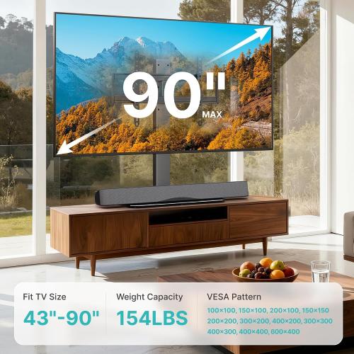 Pegzone Universal TV Stand with Power Outlet for 43-90'' TVs, Holds 154 lbs | Full-coverage Steel Column, for VESA 100x100mm to 600x400mm, Flexible Height & Angle, Tempered Glass Base, Cable Management