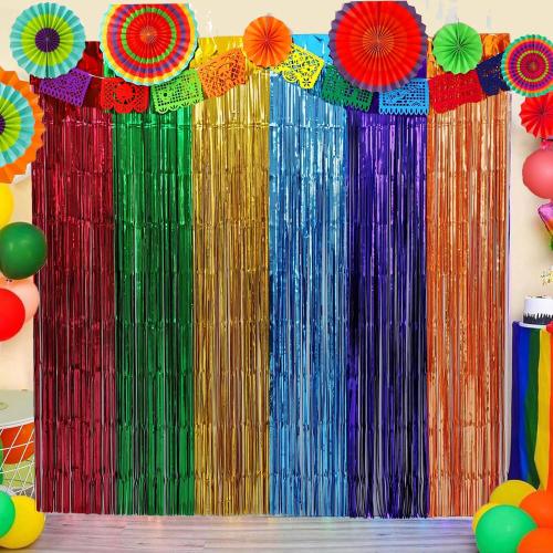 Mexican Fiesta Party Decorations Foil Fringe Curtains Backdrop 2 Pack Mexican Themed Tinsel Streamers Perfect Mexican Taco Party Birthday Party Supplies,Cinco de Mayo Dia De Los Muertos Decor