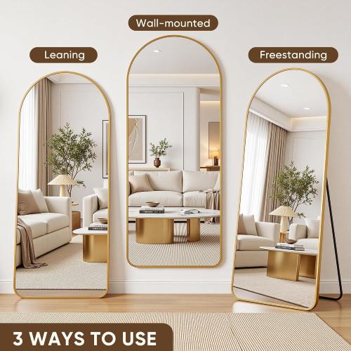 Antok Full Length Mirror, 56x15 Floor Mirror with Stand, Hanging Mounted Mirrors for Bedroom, Living Room, Cloakroom, Dining Room, Gold, Arch