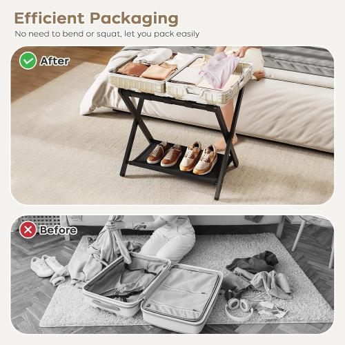 Fully Assembled Black Luggage Rack for Guest Room, Bamboo Folding Suitcase Stand with Fabric Storage Shelf, 5 Nylon Straps, Upgraded Luggage Rack Holder for Bedroom Hotel, Holds up to 165 Lbs, 1pcs