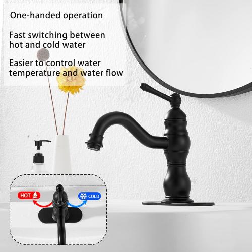Matte Black Bathroom Faucet GGStudy 360° Swivel Bathroom Vanity Faucet Single Handle One Hole Black Bathroom Sink Faucet Basin Matching Pop Up Drain with Overflow