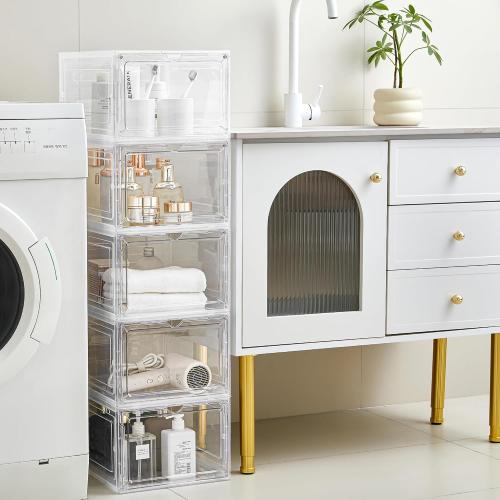 Pack of 6 Storage Bins with Lids, 6 Pack Clear Plastic Storage Containers with Magnetic Acrylic Door, 19 Qt Stackable Storage Box for Home,Office Organizing