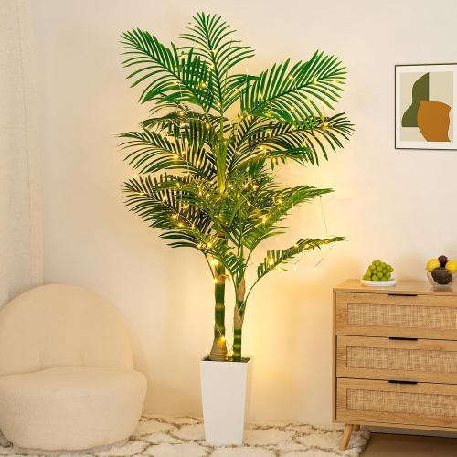 6ft Artificial Golden Cane Palm Tree with LED Fairy Lights & White Tall Planter - Lifelike Faux Tropical Palm Plant with Realistic Trunk and Palm Leaves for Home Office Living Room Corner Decor
