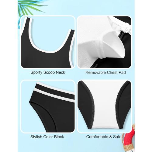 Size S Girls Swimsuit Double Strap High Waist Sporty Bikini Swimsuits Swim Cover Up Skirt 3 Piece Set