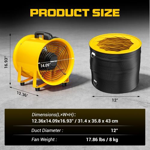 12 Inch High-Portable Exhaust Fan, 3500CFM 550W with 33FT Duct Hose, Low-Noise Industrial Portable Ventilator Blower for Basements, Workshops, Warehouses, Confined Spaces
