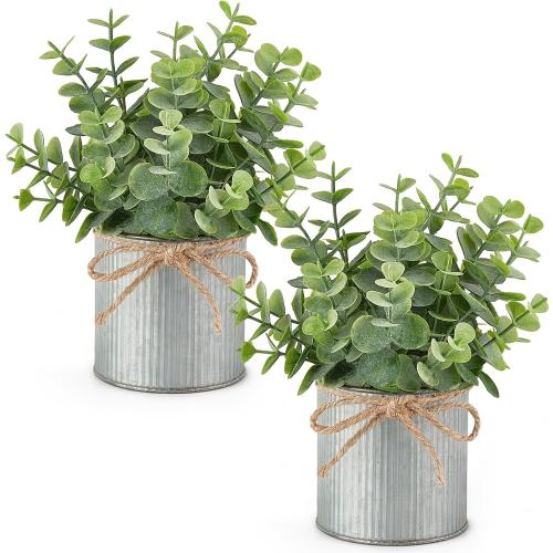 Mkono 2 Pack Small Fake Plants in Galvanized Pots, Farmhouse Bathroom Decor