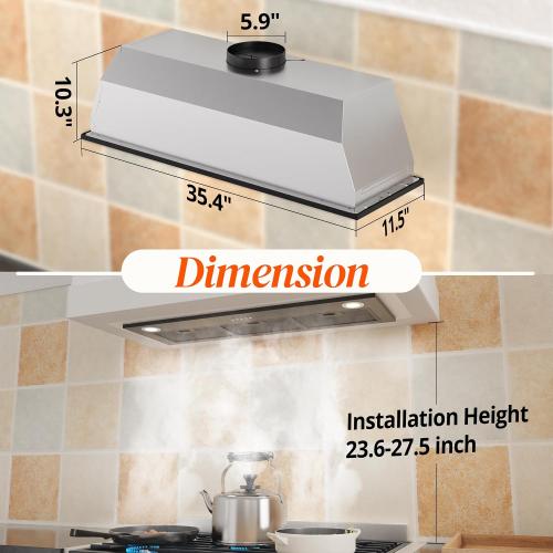 FIREGAS Black Range Hood Insert 36 inch, Built-in Kitchen Hood with 600 CFM, Ducted/Ductless Convertible Vent Hood, Stove Hood with Push Button, Aluminum Filters and Charcoal Filters