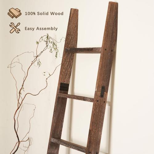 Blanket Ladder for The Living Room 6-Tier, Wooden Decorative Quilt Holder for Bed Room, Wall-Leaning Wood Towel Rack for Bathroom，Rustic Farmhouse Ladders for Display. (Washed Brown)