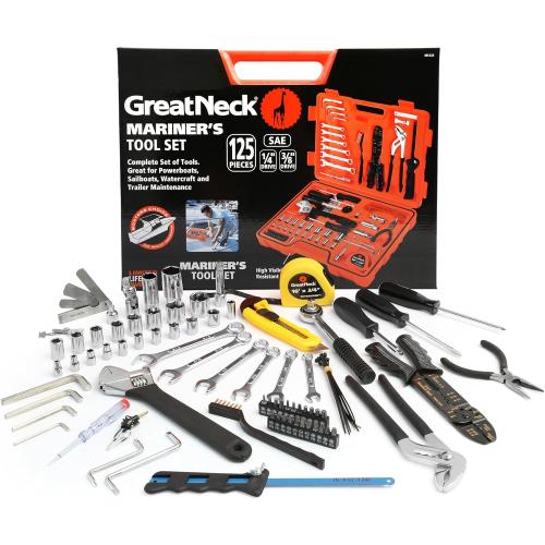 Great Neck MS125 125 Piece Marine Tool Set, Gifts for Men, Dad Gifts, High Visibility, Water-Resistant Boat Tool Box Case, Anti-Rust Chrome-Plated Boat Supplies And Accessories