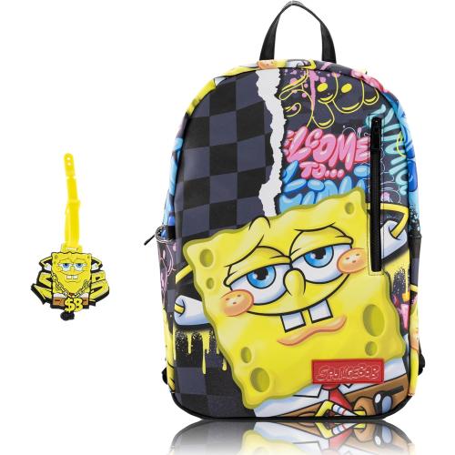 Fast Forward SpongeBob SquarePants Backpack for Teens | 16 Saffiano Leather School Bookbag with Rubber Luggage Tag | SpongeBob Bag for Boys, Girls, Unisex | Officially Licensed Nickelodeon